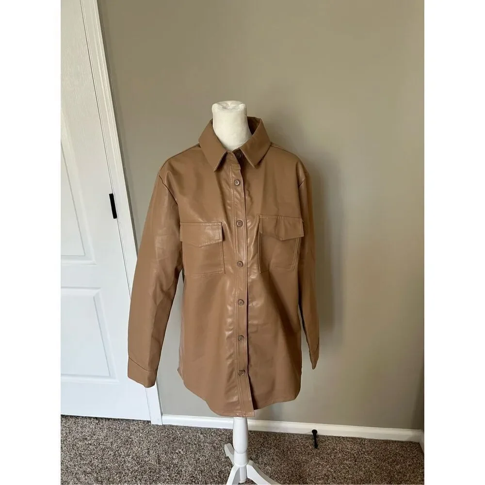 NWT 4th & Reckless Faux Leather Shirt Jacket Size M Tan